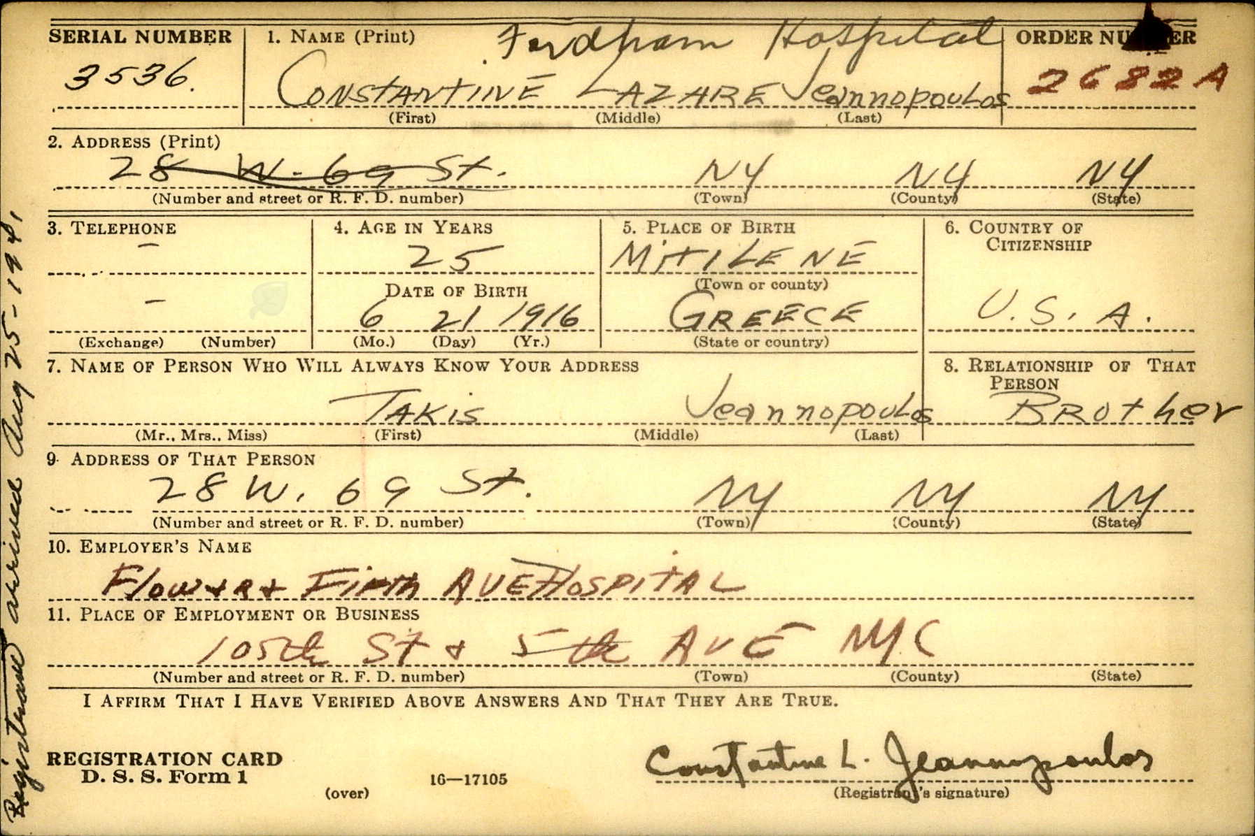 Constantine Jeannopoulos — WWII draft registration card, 1941
