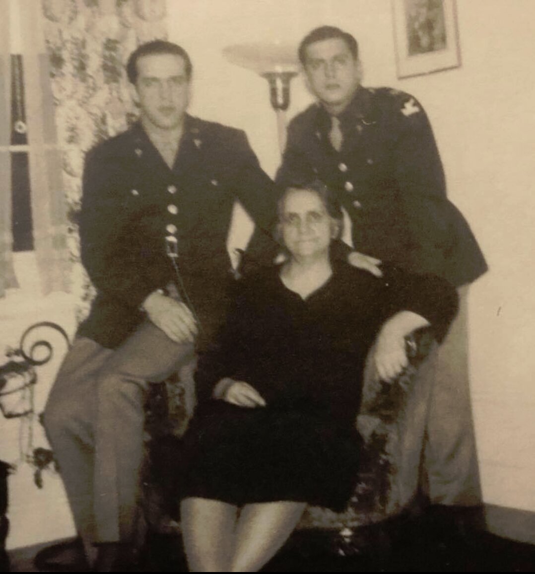 John Lazare and Constantine in US Army dress uniforms with their mother Eftyhia, c. 1942–44