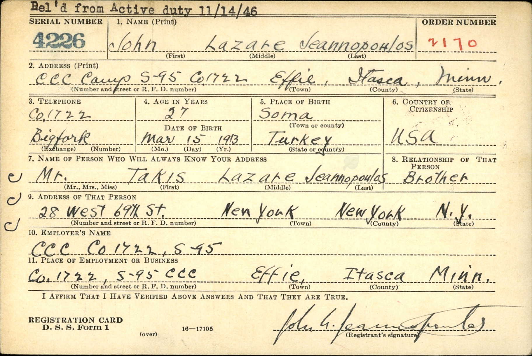 John Lazare — WWII draft card, CCC Camp Minnesota
