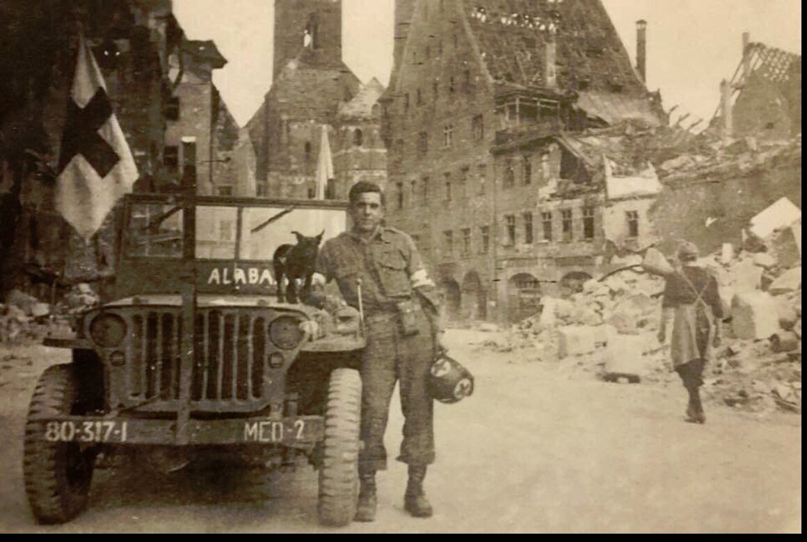 John Lazare in front of his US Army Medical Corps jeep, occupied Germany, 1945