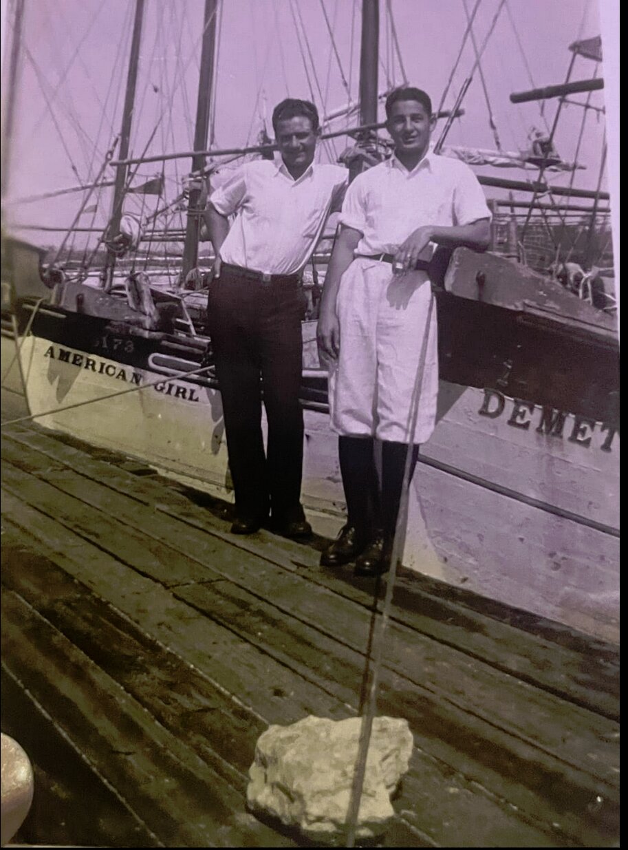 John Lazare and Takis at the Tarpon Springs sponge docks, Florida — late 1920s or early 1930s
